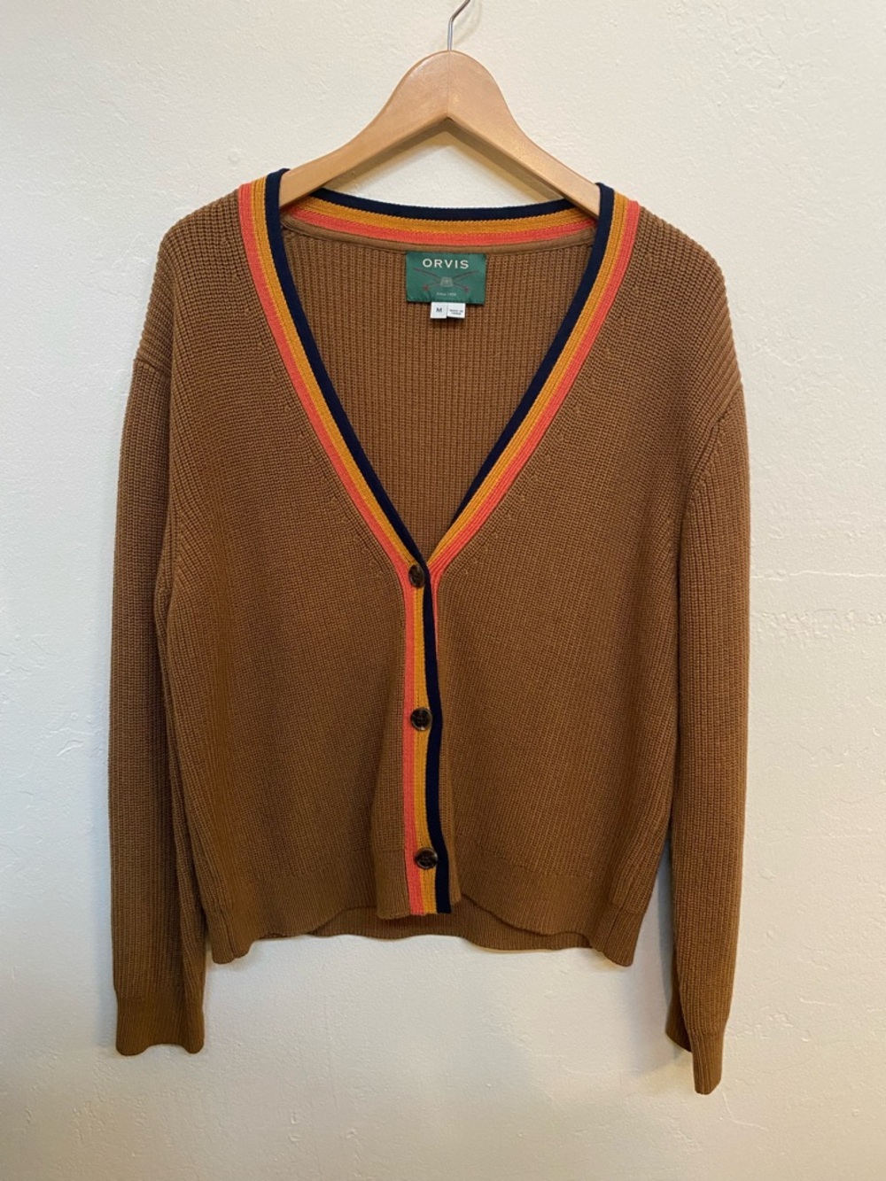 Orvis Merino Wool Blend Cardigan Brown Color Trim Preppy Luxe Sweater Medium